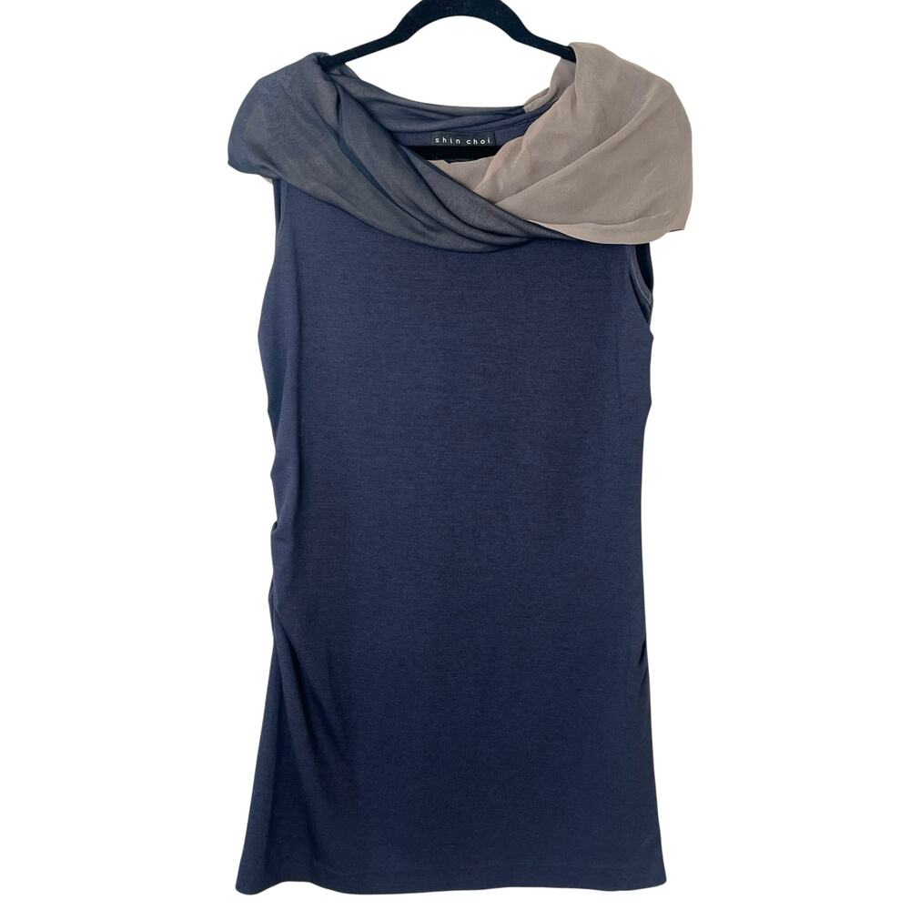 Shin Choi Fitted Wool Blend Sleeveless Knit Dress Draped Collar Navy Sz M